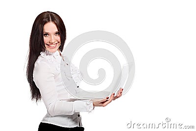 Young woman holding a white notebook Stock Photo
