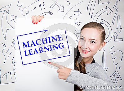 Young woman holding whiteboard with writing word: machine learning. Technology, internet, business and marketing. Stock Photo