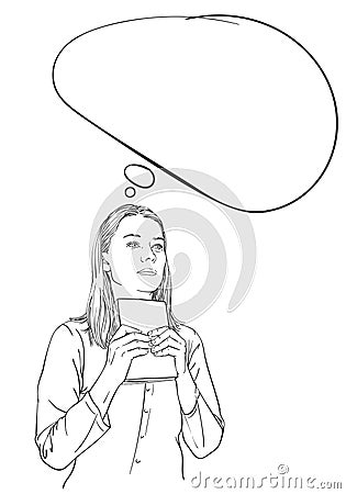 Young woman holds book in hands, looks straight and thinks with thought bubble, vector sketch Vector Illustration