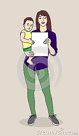 A young woman holds a child in her arms, holds a blank white sheet Vector Illustration