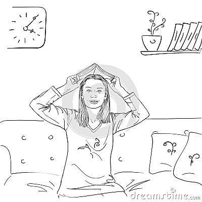 Young woman holds open book over her head like house roof, looks straight and smiles, sitting on sofa in room, Stay home Vector Illustration