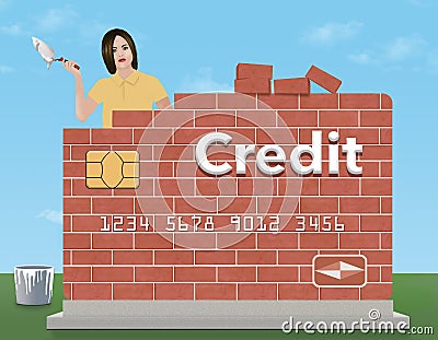 A young woman holds a trowel and mortar as she rebuilds a brick credit card Stock Photo