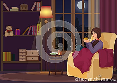 Young woman at home sitting in soft chear relaxing in her living room and drinking coffee or tea. Girl rests in night Vector Illustration