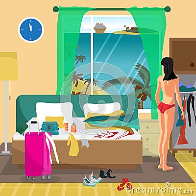 Young woman in a hotel room in a tropical resort is going to the Vector Illustration