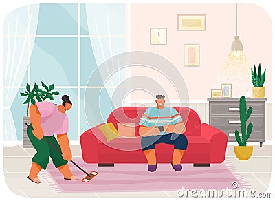 Young woman housewife cleaning floor with mop, smiling man sitting on couch serfing internet Vector Illustration