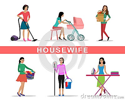 Young woman housewife set doing housework vector illustration Vector Illustration