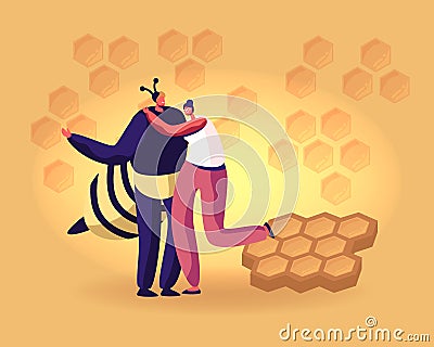 Young Woman Hugging Man in Bee Costume on Yellow Background with Honeycombs Pattern. Care of Apis, Beekeeping Vector Illustration
