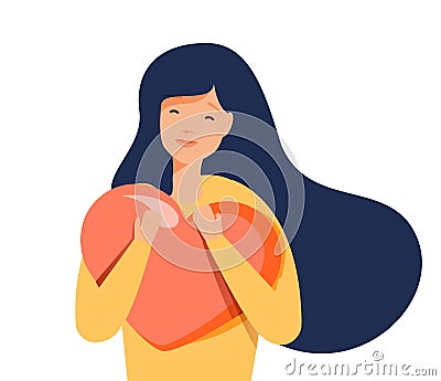 Young woman hugs a big heart with love and care. Girl with long hair holds pink heart in her hands. Self care, body care Vector Illustration