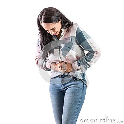 Young woman with IBS - irritable bowel syndrome holding her sore belly Stock Photo