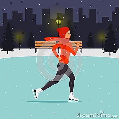 Young woman at the ice rink in city park in the evening. Girl in winter hat, sweater, scarf, on figure skates. Snowy winter weathe Cartoon Illustration