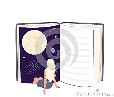 Young woman immersion to the book universe. Girl sits with her legs plunged into the space. Reading concept, literature Vector Illustration