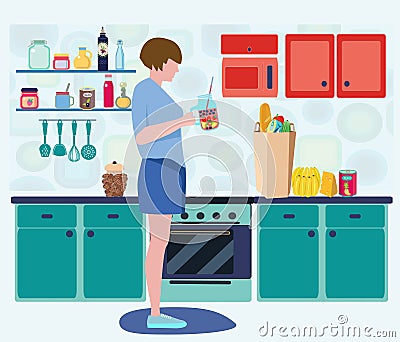 Young woman in interior kitchen with cooking equipment Vector Illustration