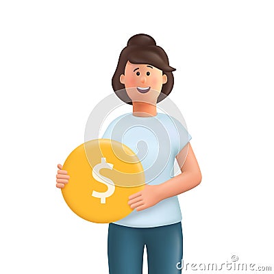 Young woman Jane holding a gold coin. Vector Illustration