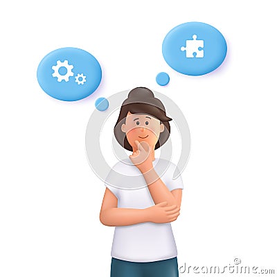 Young woman Jane thinking, searching idea, trying to find a solution. Brainstorming concept. Vector Illustration