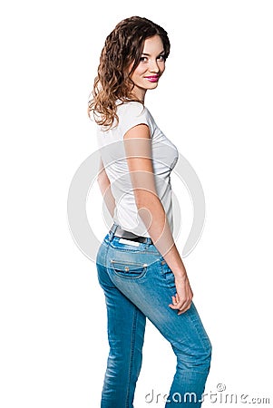 Young woman in jeans isolated on white Stock Photo