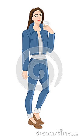 Young woman in jeans suit with coffee Vector Illustration