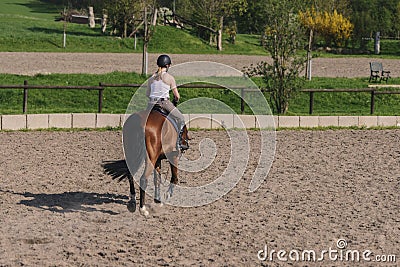Young woman jockey jumps riding on a beautiful brown horse. Editorial Stock Photo