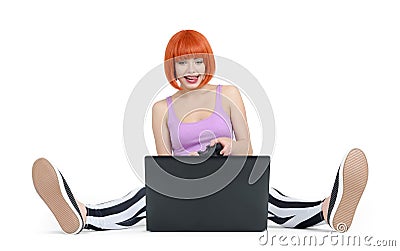 Young woman with joystick and laptop isolated on white background Stock Photo