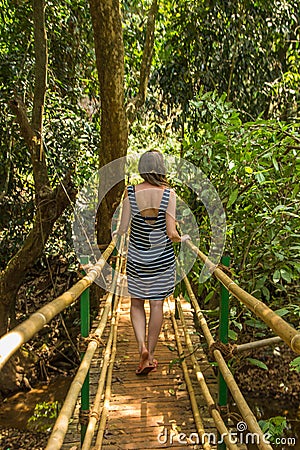 Young woman in the jungle on the bridge in tropical spice plantation, Goa, India Editorial Stock Photo