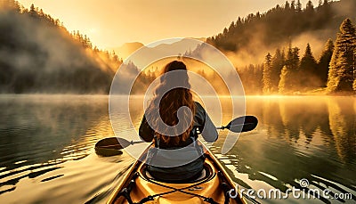 Young Woman Kayaking in a Beautiful Mountain Lake at Sunrise - Generative Ai Stock Photo