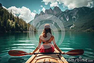 Young woman kayaking on lake braies in south tyrol italy, Female kayaking on a mountain lake, rear view, no face revealed, natural Stock Photo