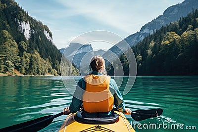 Young woman kayaking on the lake in the mountains. Active lifestyle, Beautiful woman kayaking on a beautiful mountain lake with Stock Photo