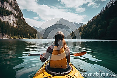 Young woman kayaking on lake in mountains. Adventure and travel concept, Female kayaking on a mountain lake, rear view, no face Stock Photo