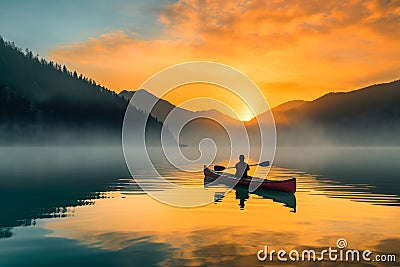 Young woman kayaking on a lake in the mountains. Concept of active lifestyle. Stock Photo