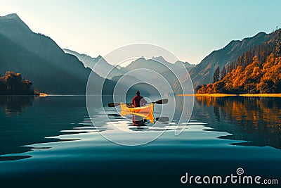 Young woman kayaking on a lake in the mountains. Concept of active lifestyle. Stock Photo