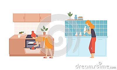 Young Woman in Kitchen Cooking Meal and Preparing Food at Home Vector Set Vector Illustration