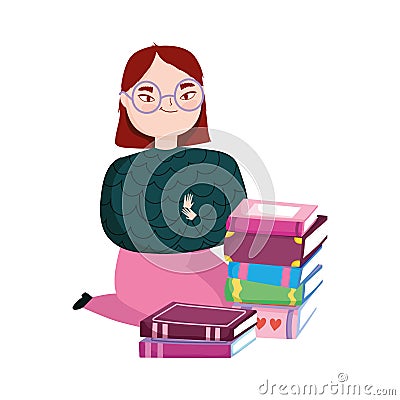 Young woman on the knees with stack books, book day Vector Illustration