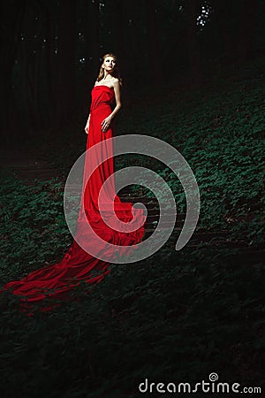 The young woman on a ladder in the wood Stock Photo