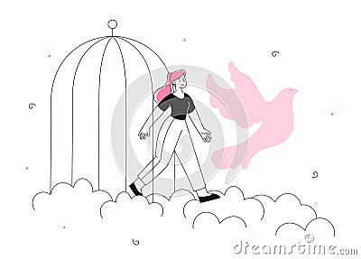 Young woman leaving cage line concept Vector Illustration