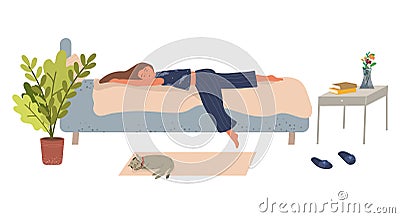 Young woman lies on the bed and sleeps vector illustration in flat style. Vector Illustration