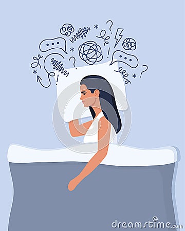 Young woman lies in bed and suffers from insomnia, depression, unresolved problems. Woman surrounded by stream of anxious thoughts Vector Illustration