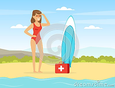 Young Woman Lifeguard on Sandy Beach Supervising Safety Vector Illustration Vector Illustration