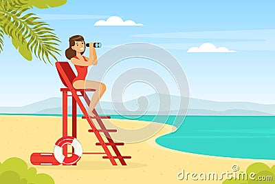 Young Woman Lifeguard Sitting on High Ladder with Binoculars Supervising Safety Vector Illustration Vector Illustration