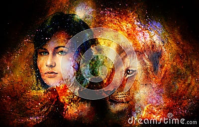 Young woman and lion cub in cosmic space. Crackle effect. Stock Photo