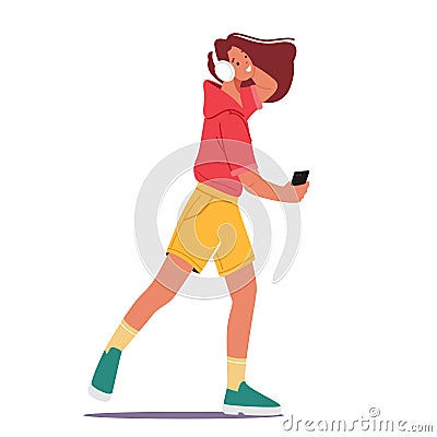 Young Woman Listen Music on Player or Mobile Phone Application. Female Character Wearing Headphones Dancing and Relaxing Vector Illustration