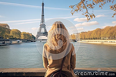 Young woman looking at Eiffel Tower in Paris, France, Young traveler woman rear view sitting on the quay of Seine River looking at Stock Photo