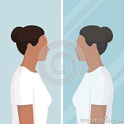 Young woman looking at herself in the mirror Vector Illustration