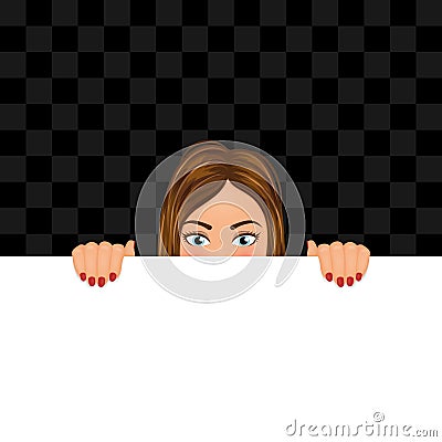 Young woman looking out of the blank with copy space. Girl hiding behind the banner. Vector illustration. Vector Illustration