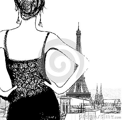 Young woman looking over Paris Vector Illustration