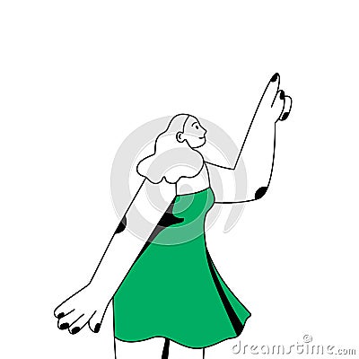 Young woman looking up and indicating at smth with hand. Happy person watching upward and pointing with index finger Vector Illustration