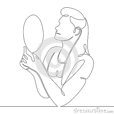 Young woman looks in a hand mirror Cartoon Illustration