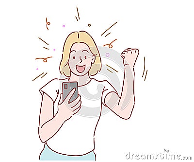 Young woman looks at smart phone screen reading message, be happy celebrate great news by sms. Vector Illustration