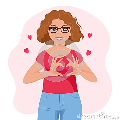 A young woman in love in glasses with a joyful expression on her face shows a heart with her hands. Emotions and gestures. Vector Illustration