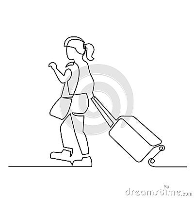 Young woman with luggage continuous one line vector drawing Vector Illustration