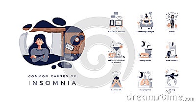 Young woman lying in bed, closed vector illustration. Insomnia causes: electronic devices, sedentary life, stress Vector Illustration