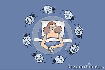 Woman lying in bed suffer from insomnia count sheep Vector Illustration